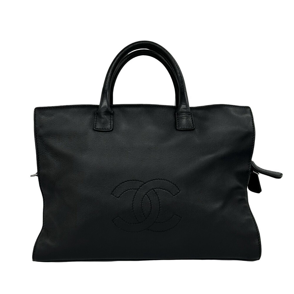 CHANEL Coco Mark Leather Handbag Business Bag Tote Black c26-3